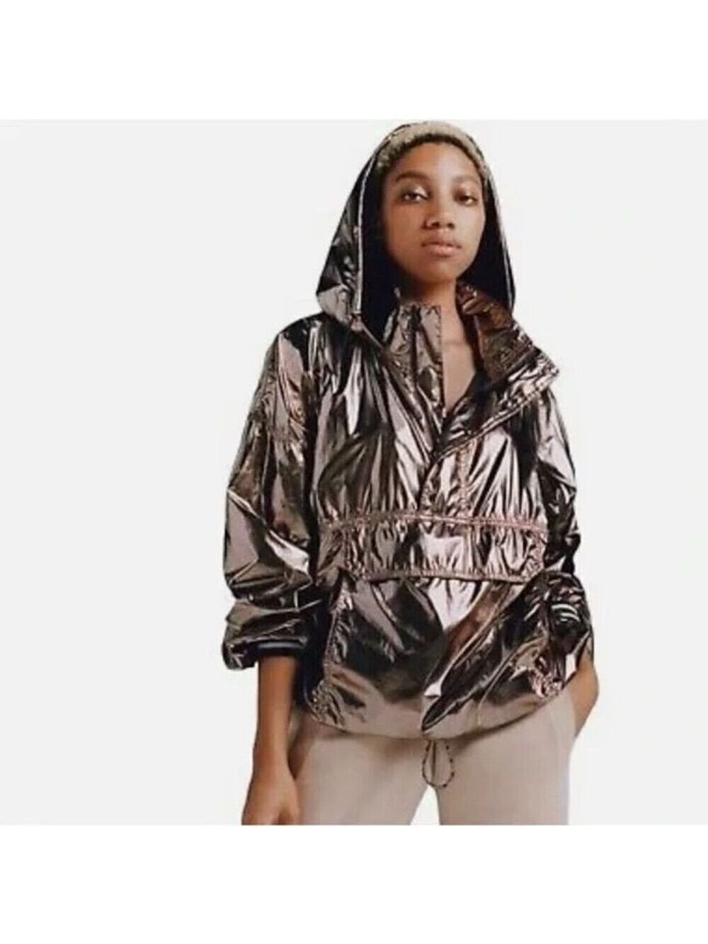 Ivy Park Women's Metallic Gold Hooded Pullover Track Jacket Size S Casual